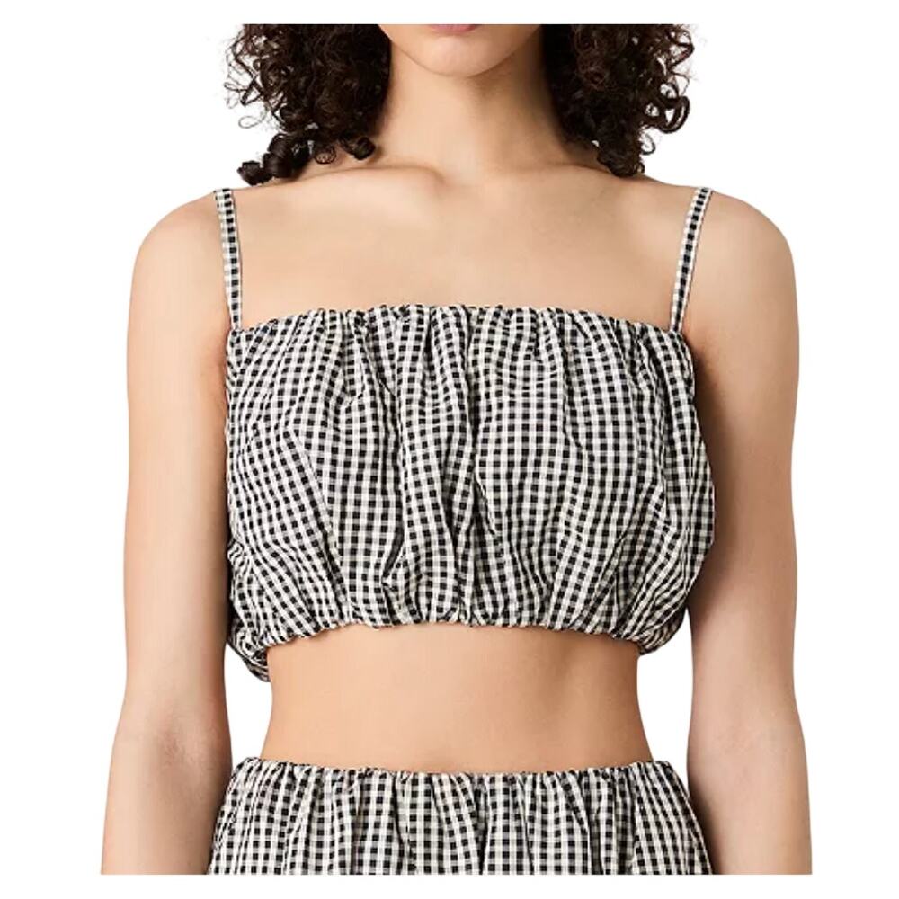 French Connection NEW Black White Gingham Ruched Cotton Summer Cropped Top